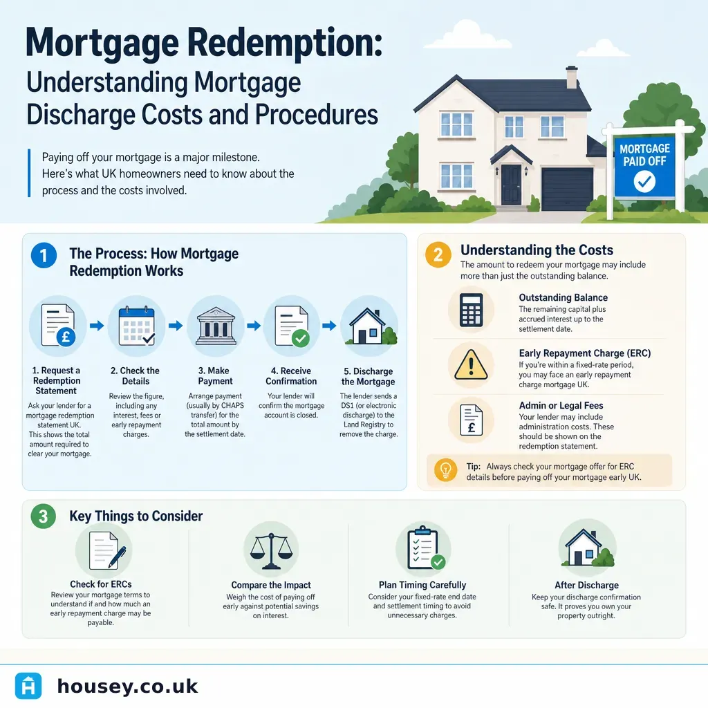 Infographic illustrating: Mortgage Redemption: Understanding Mortgage Discharge Costs and Procedures