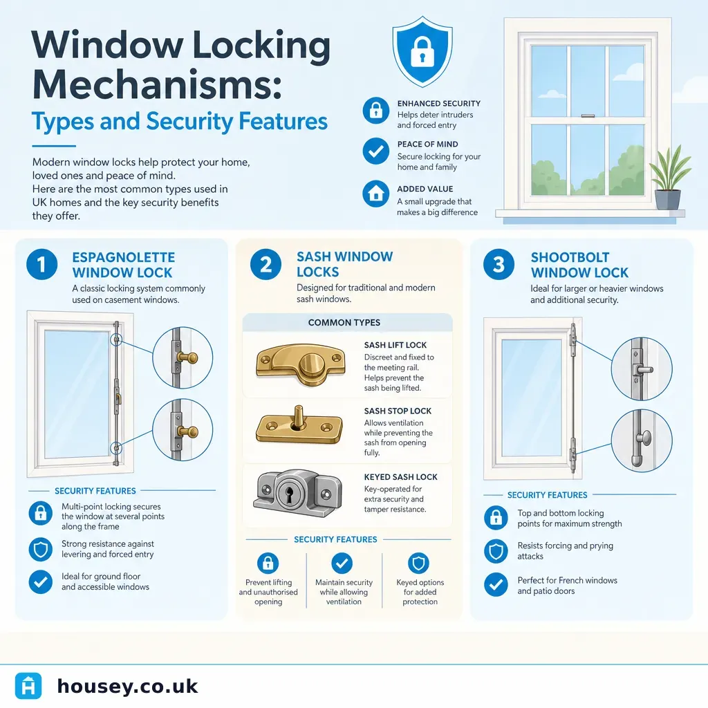 Infographic illustrating: Window Locking Mechanisms: Types and Security Features