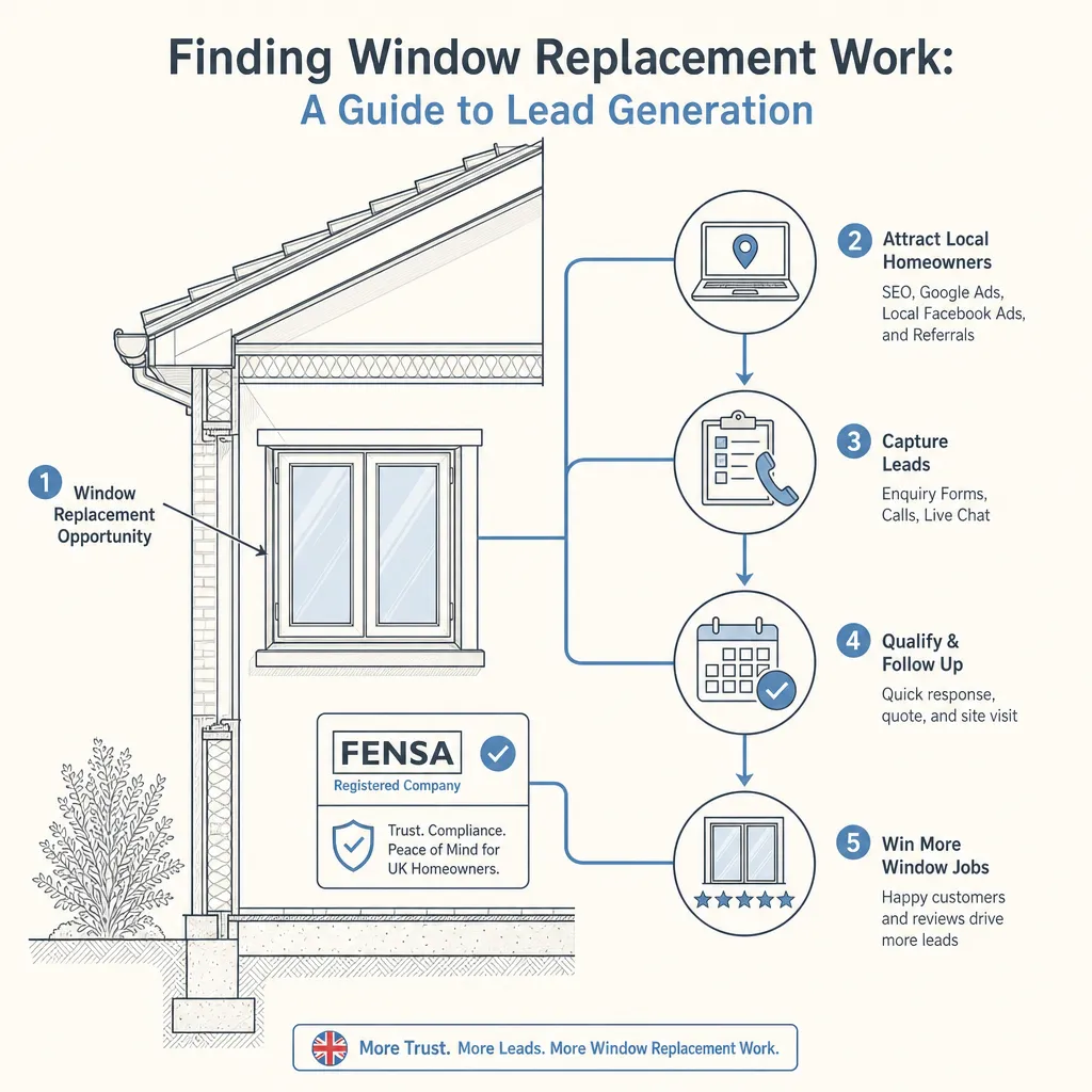 Diagram illustrating: Finding Window Replacement Work: A Guide to Lead Generation