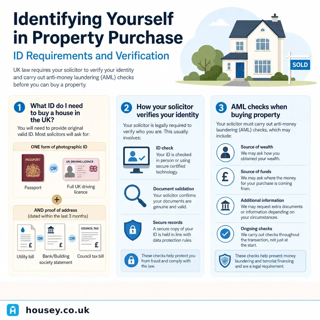 Infographic illustrating: Identifying Yourself in Property Purchase: ID Requirements and Verification