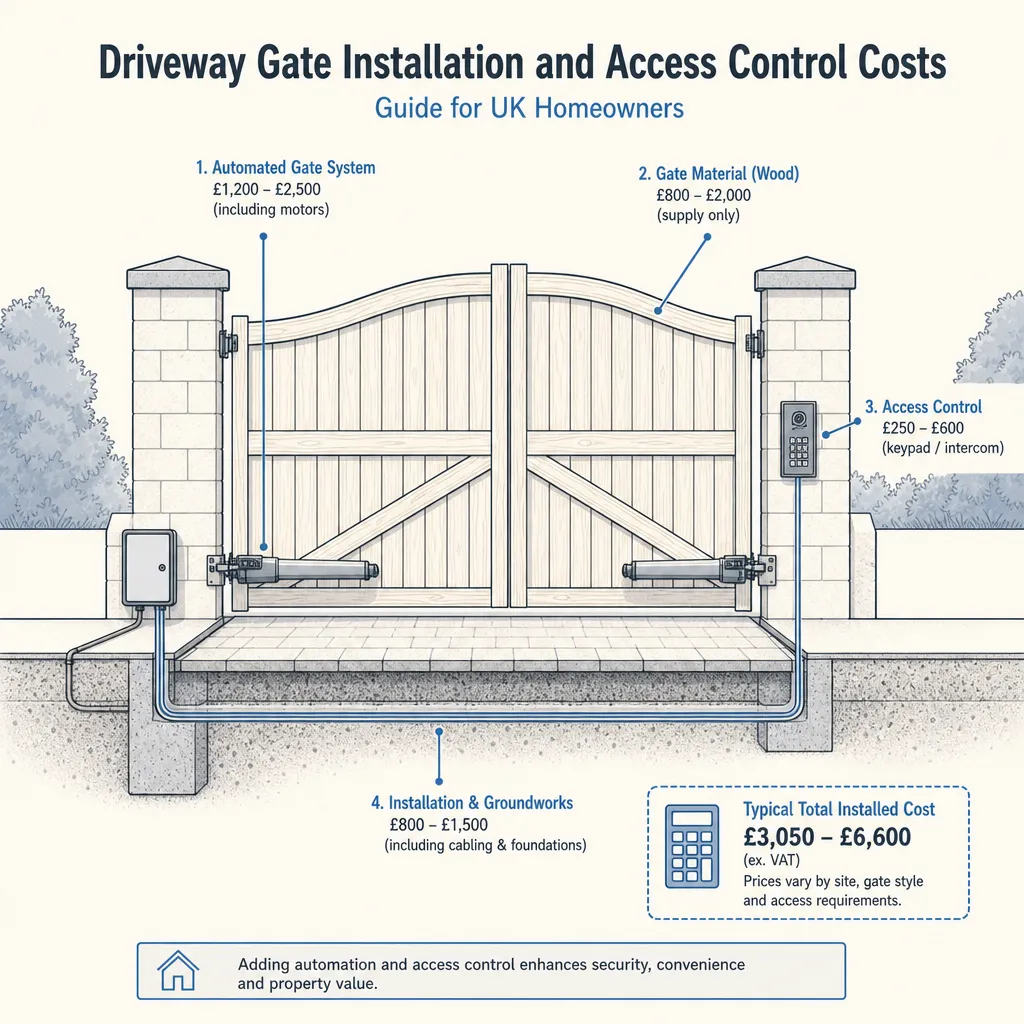 Diagram illustrating: Driveway Gate Installation and Access Control Costs