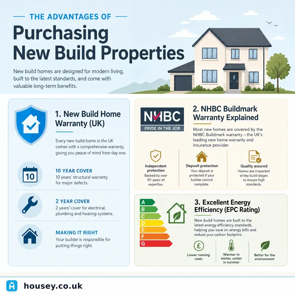 Infographic illustrating: The Advantages of Purchasing New Build Properties
