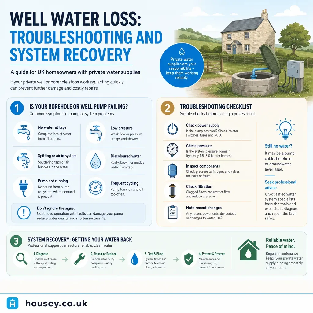 Infographic illustrating: Well Water Loss: Troubleshooting and System Recovery