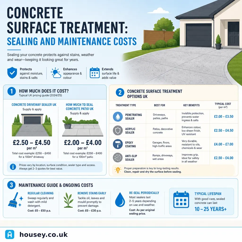 Infographic illustrating: Concrete Surface Treatment: Sealing and Maintenance Costs