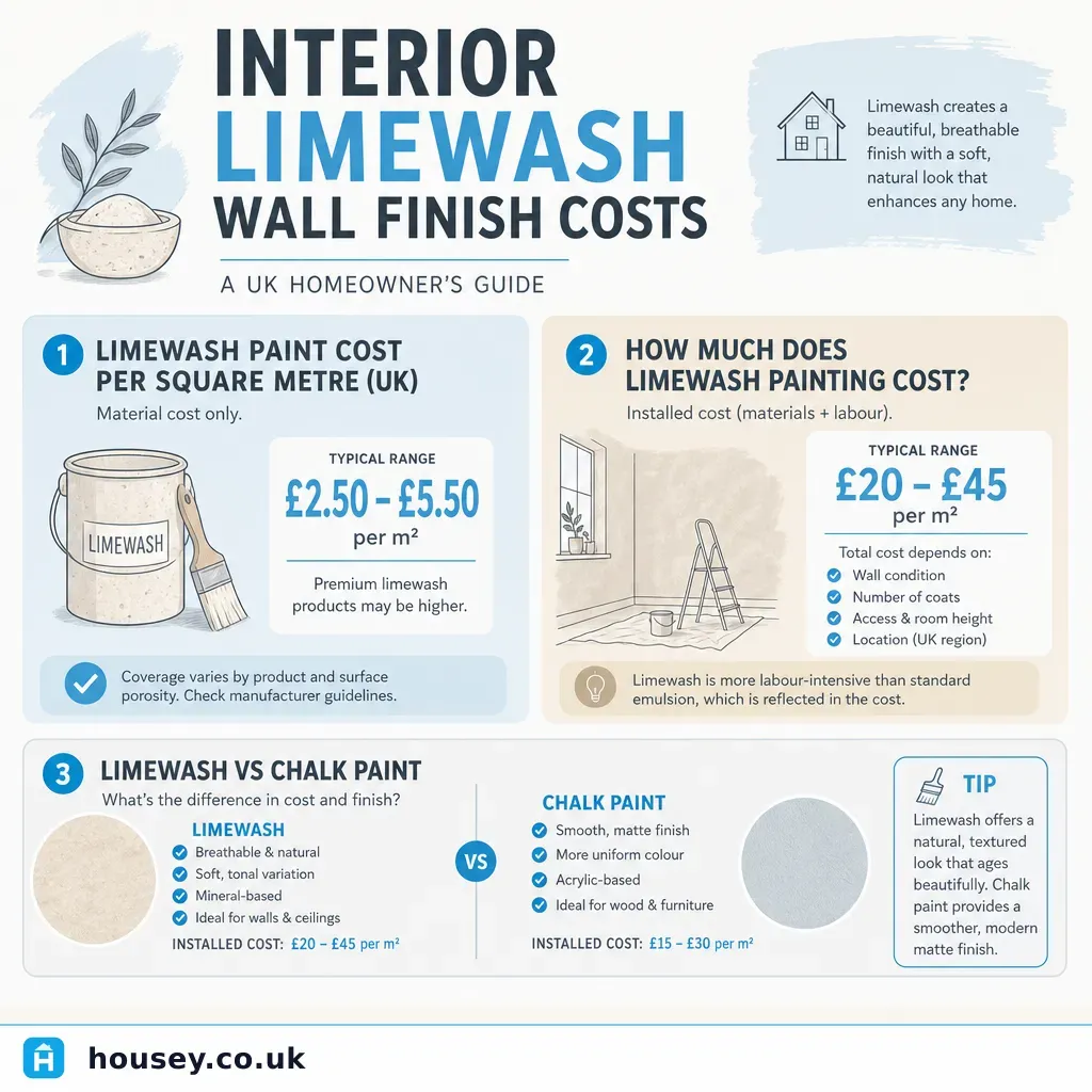 Infographic illustrating: Interior Limewash Wall Finish Costs