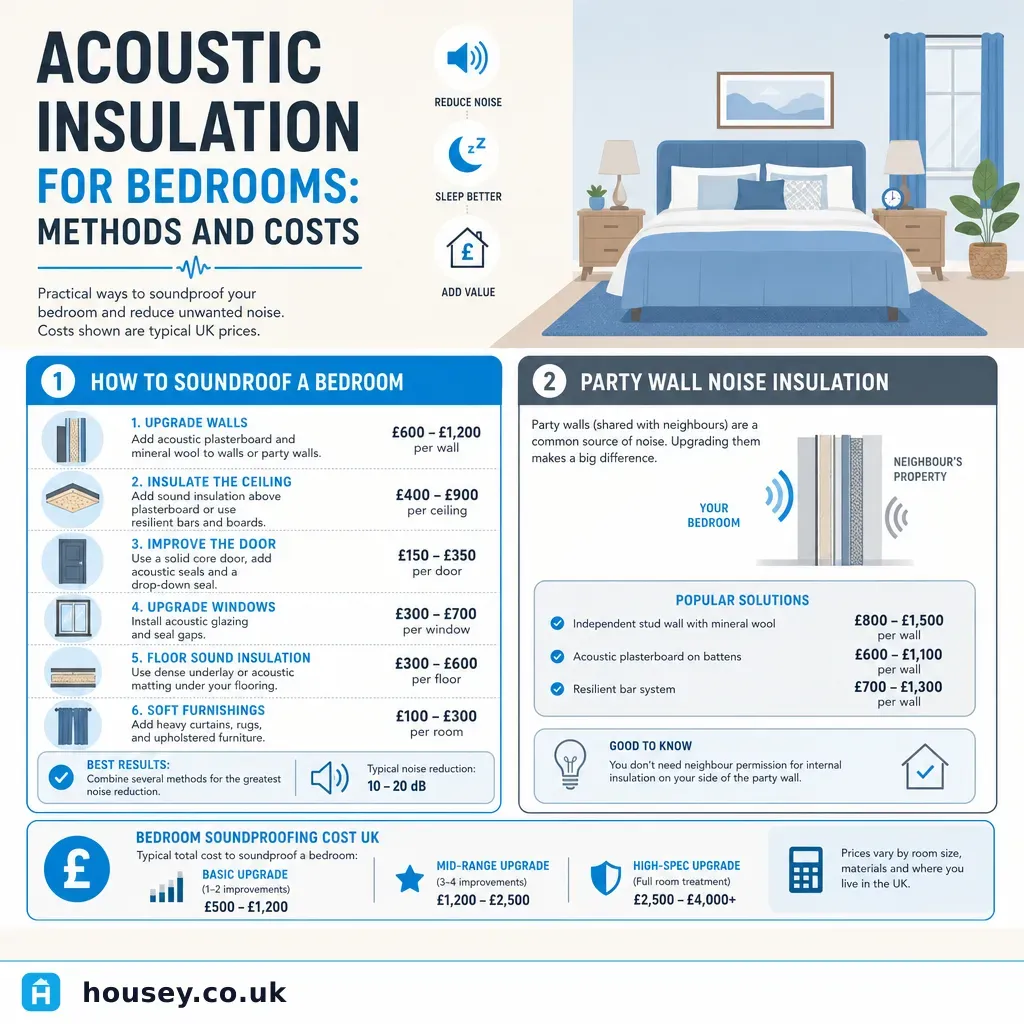 Infographic illustrating: Acoustic Insulation For Bedrooms: Methods And Costs