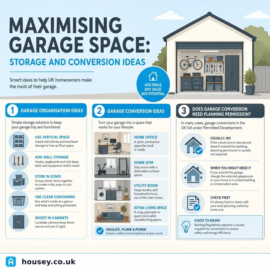 Infographic illustrating: Maximising garage space: storage and conversion ideas
