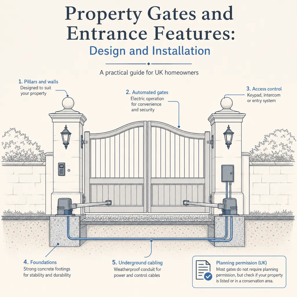 Diagram illustrating: Property Gates and Entrance Features: Design and Installation