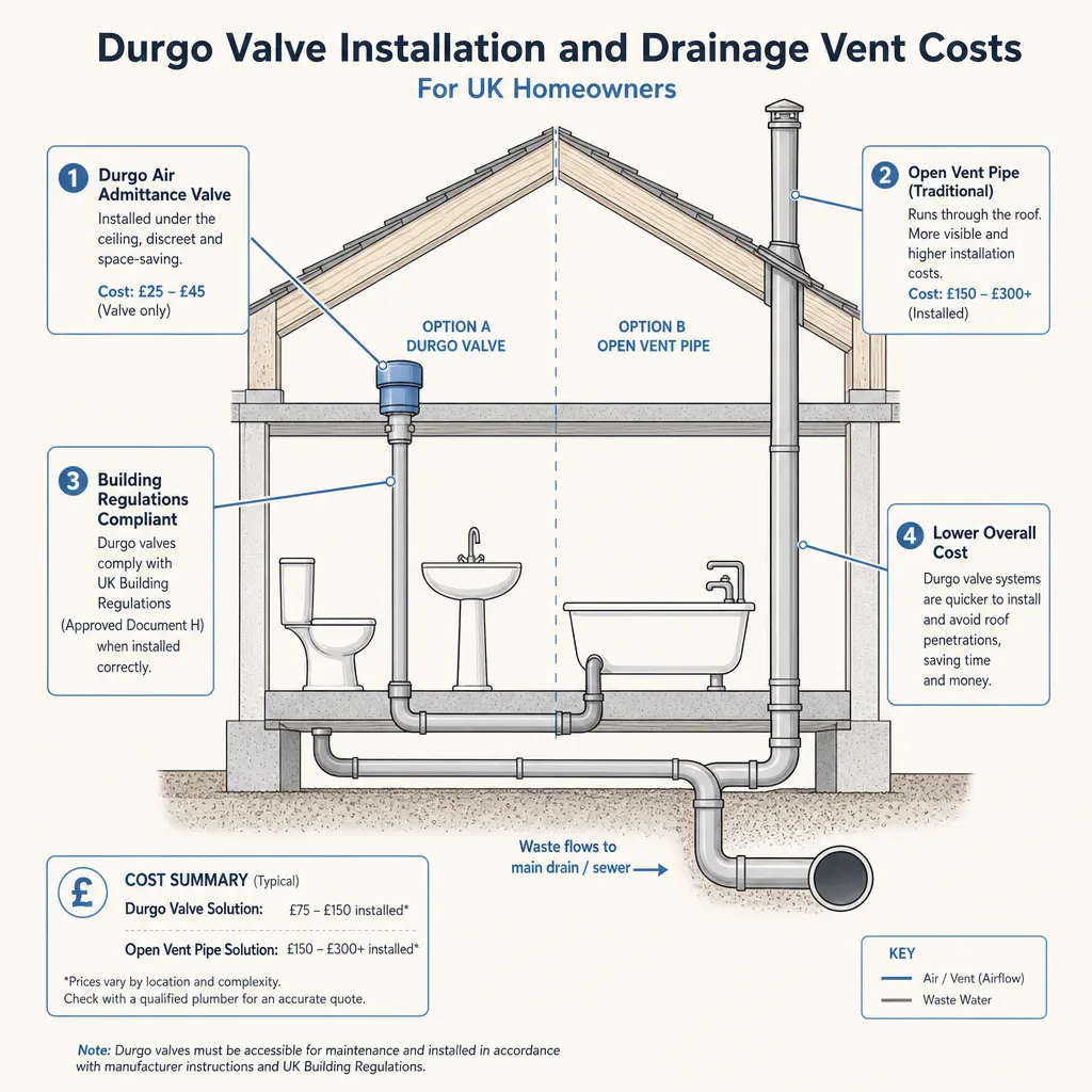 Diagram illustrating: Durgo Valve Installation and Drainage Vent Costs