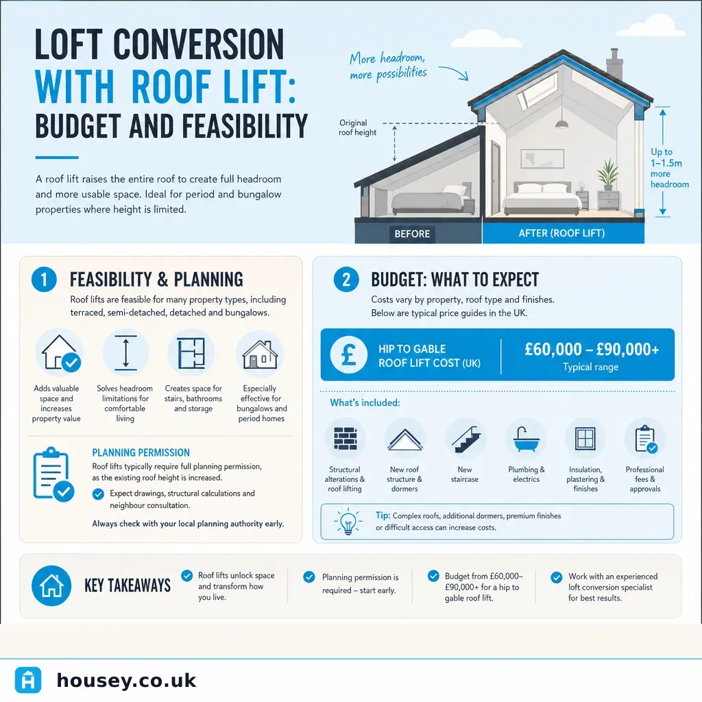 Infographic illustrating: Loft Conversion with Roof Lift: Budget and Feasibility