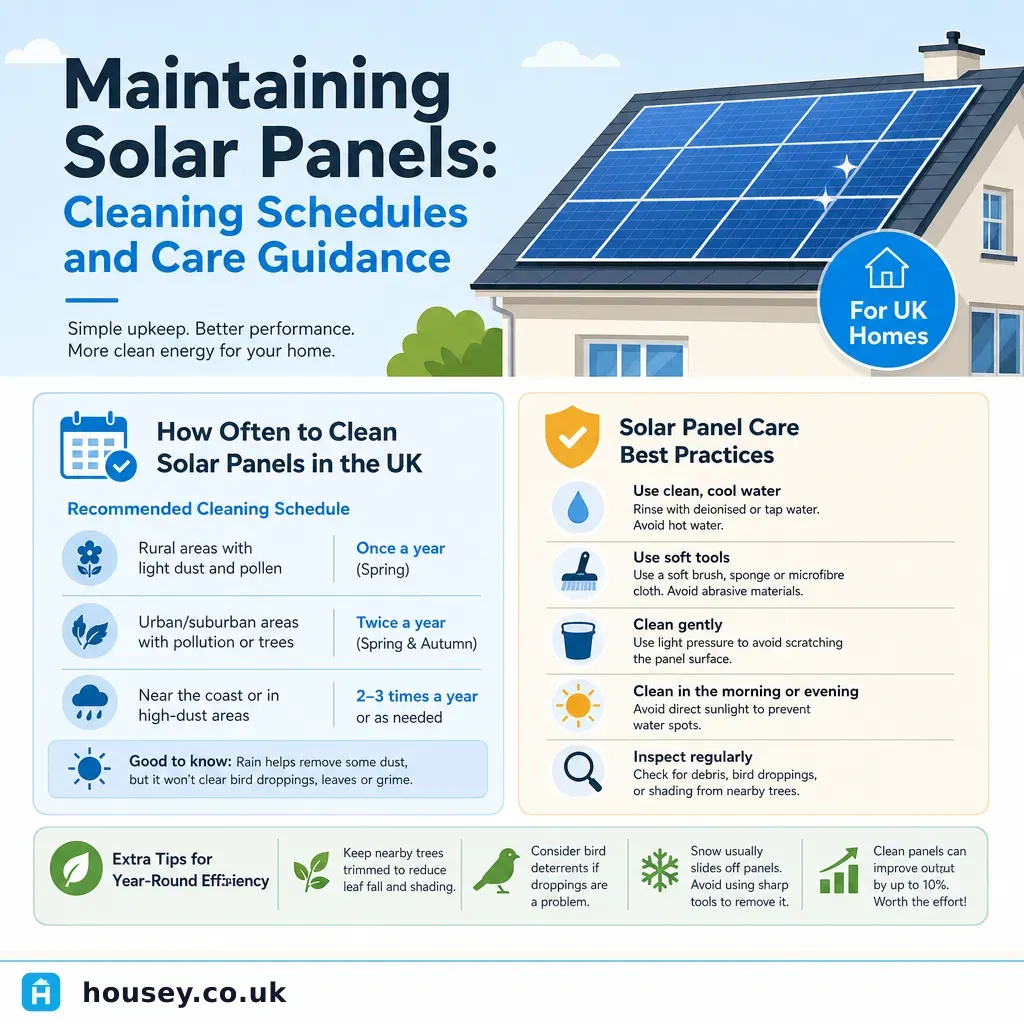 Infographic illustrating: Maintaining solar panels: cleaning schedules and care guidance