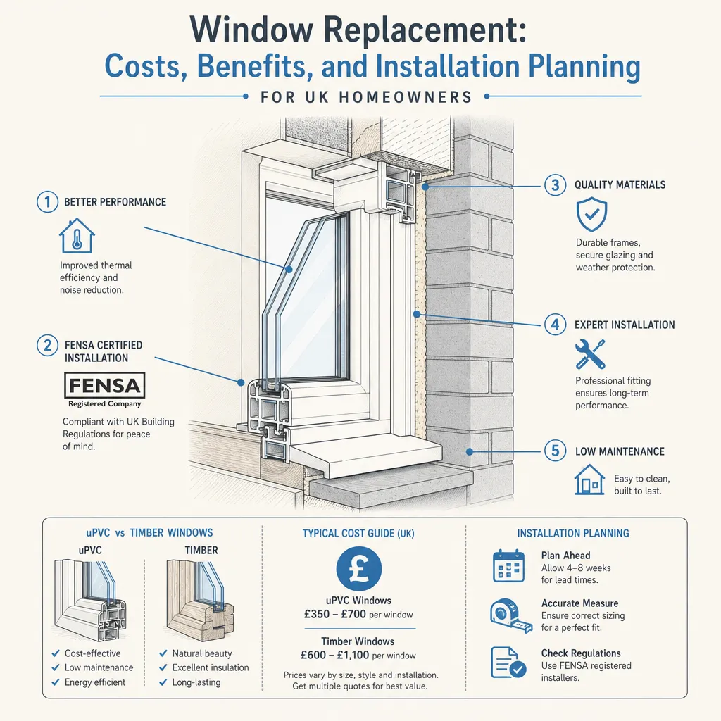 Diagram illustrating: Window Replacement: Costs, Benefits, and Installation Planning
