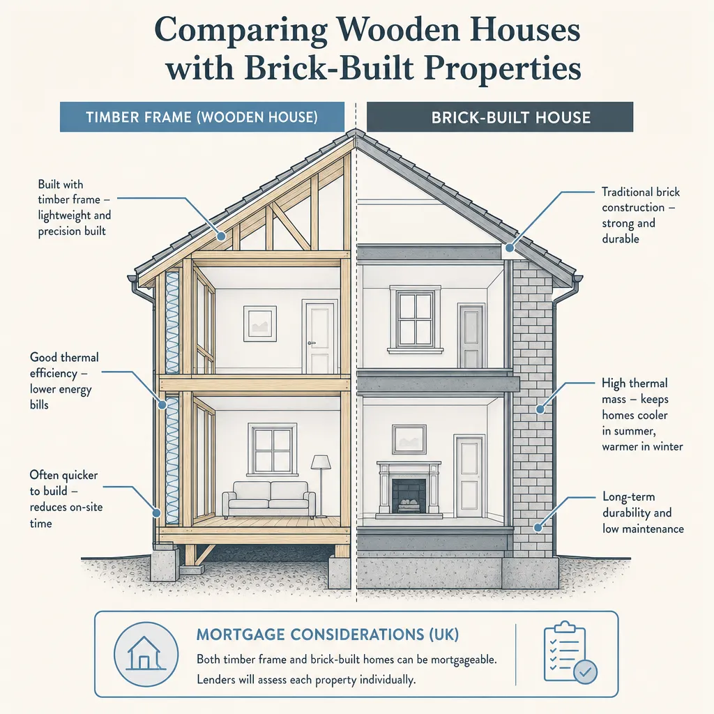 Diagram illustrating: Comparing Wooden Houses with Brick-Built Properties