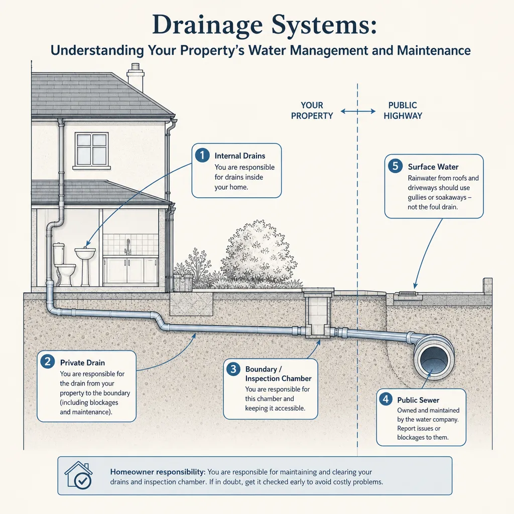Diagram illustrating: Drainage Systems: Understanding Your Property's Water Management and Maintenance
