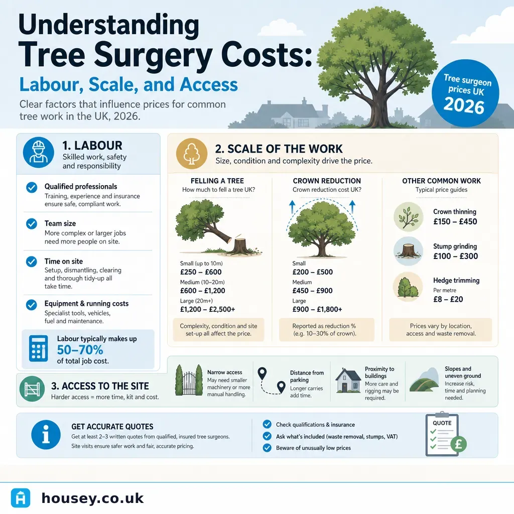Infographic illustrating: Understanding Tree Surgery Costs: Labour, Scale, and Access