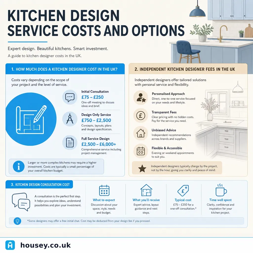 Infographic illustrating: Kitchen Design Service Costs and Options