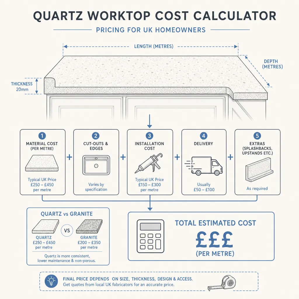 Diagram illustrating: Quartz Worktop Cost Calculator and Pricing