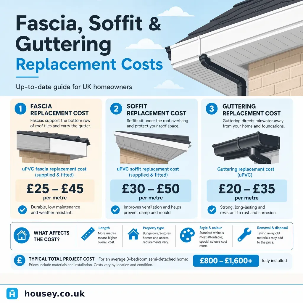 Infographic illustrating: Fascia, Soffit and Guttering Replacement Costs