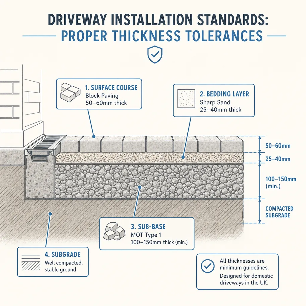 Diagram illustrating: Driveway Installation Standards: Proper Thickness Tolerances