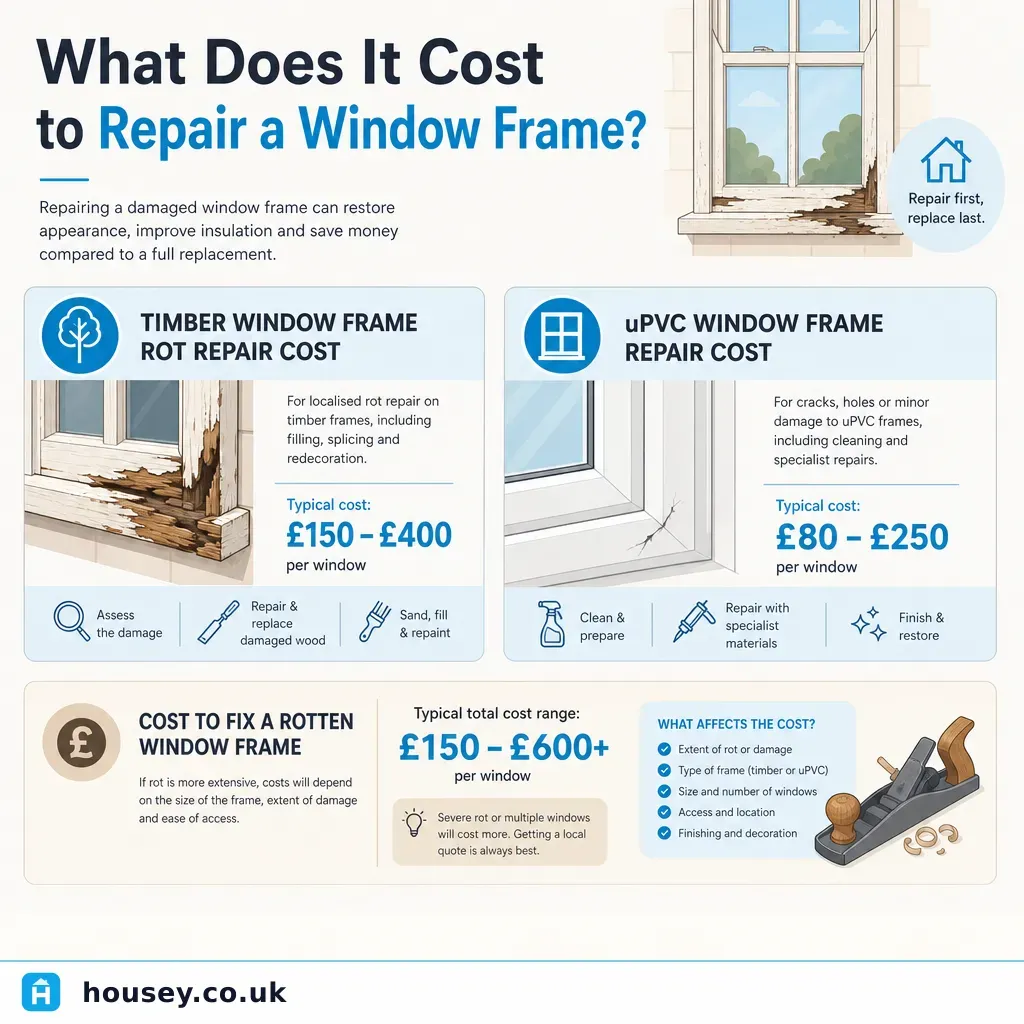 Infographic illustrating: What Does It Cost to Repair a Window Frame?