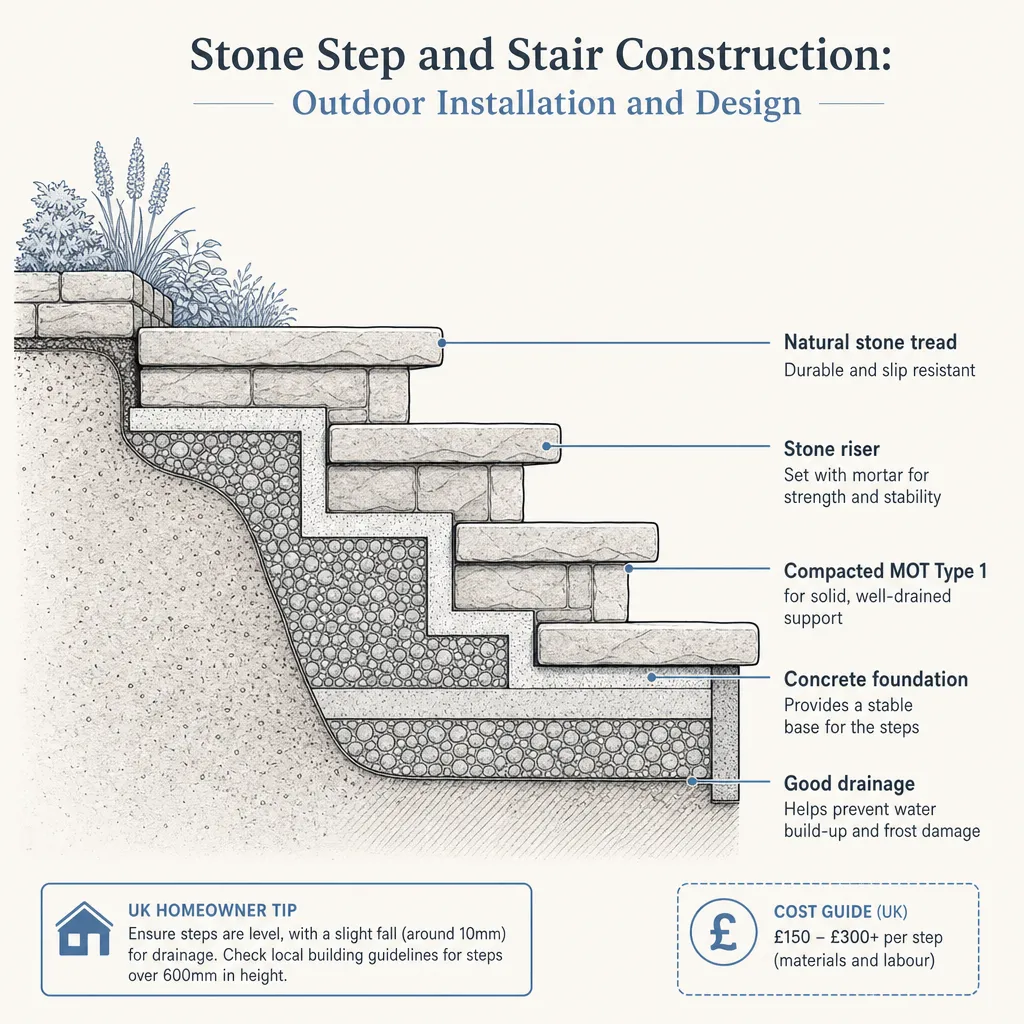 Diagram illustrating: Stone Step and Stair Construction: Outdoor Installation and Design