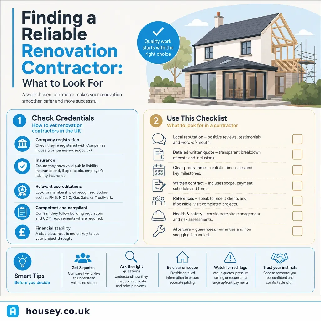 Infographic illustrating: Finding a Reliable Renovation Contractor: What to Look For