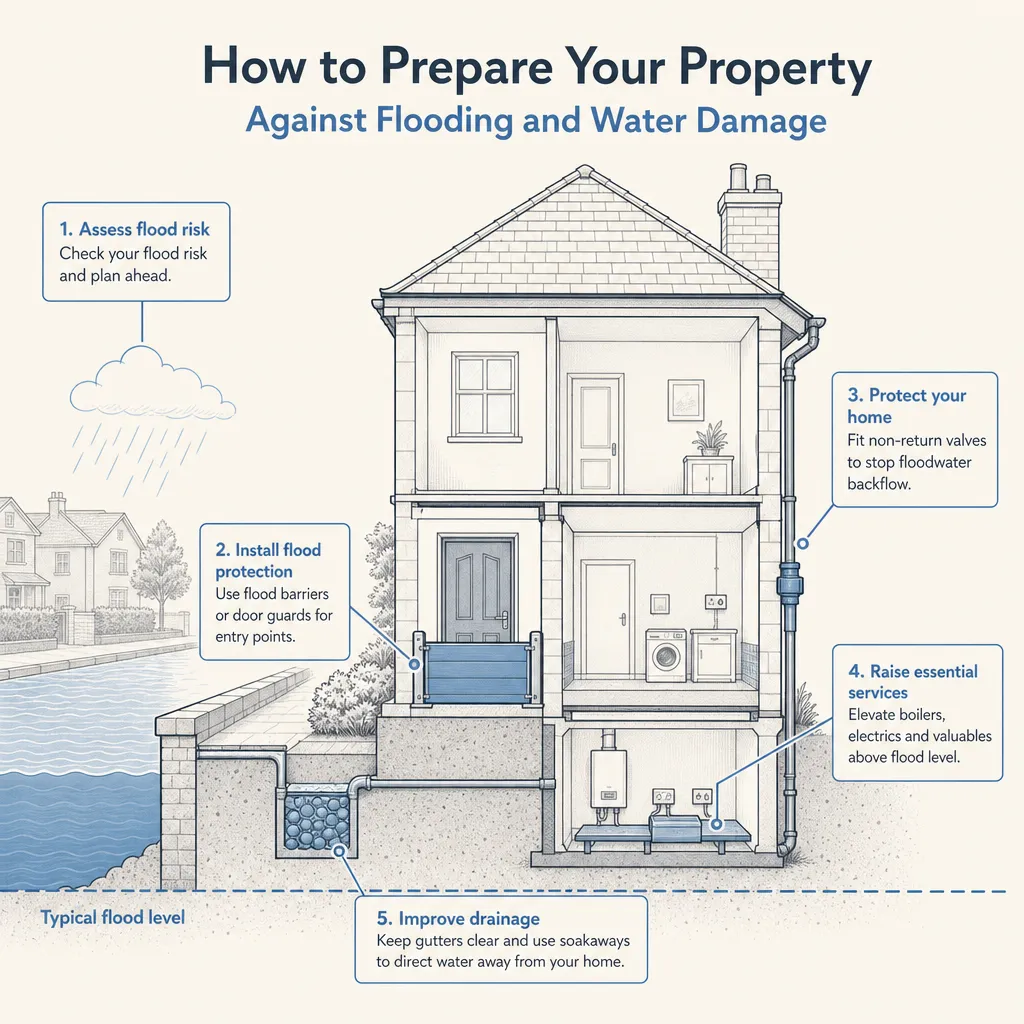 Diagram illustrating: How to Prepare Your Property Against Flooding and Water Damage