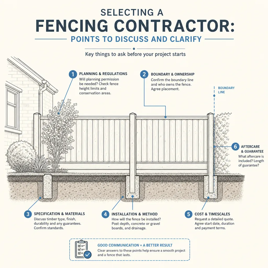 Diagram illustrating: Selecting a Fencing Contractor: Points to Discuss and Clarify