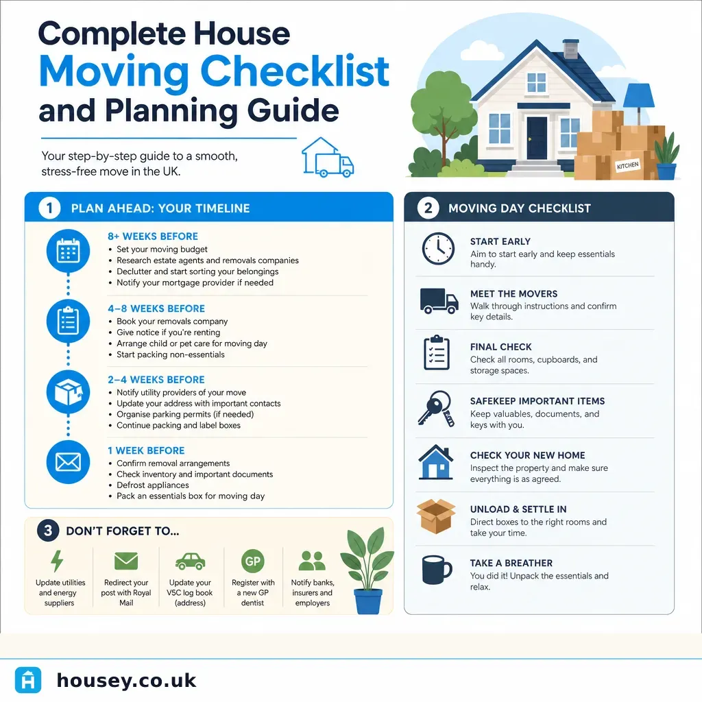 Infographic illustrating: Complete House Moving Checklist and Planning Guide