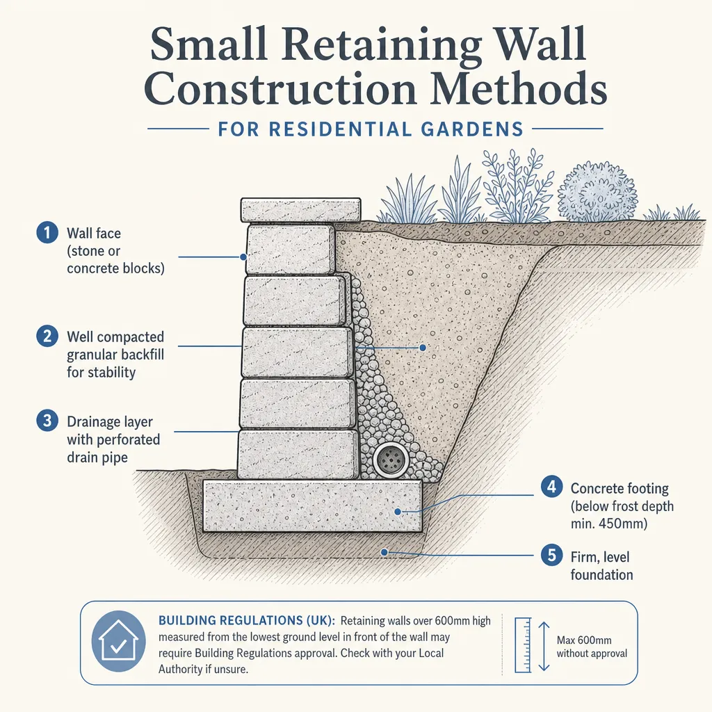 Diagram illustrating: Small Retaining Wall Construction Methods for Residential Gardens