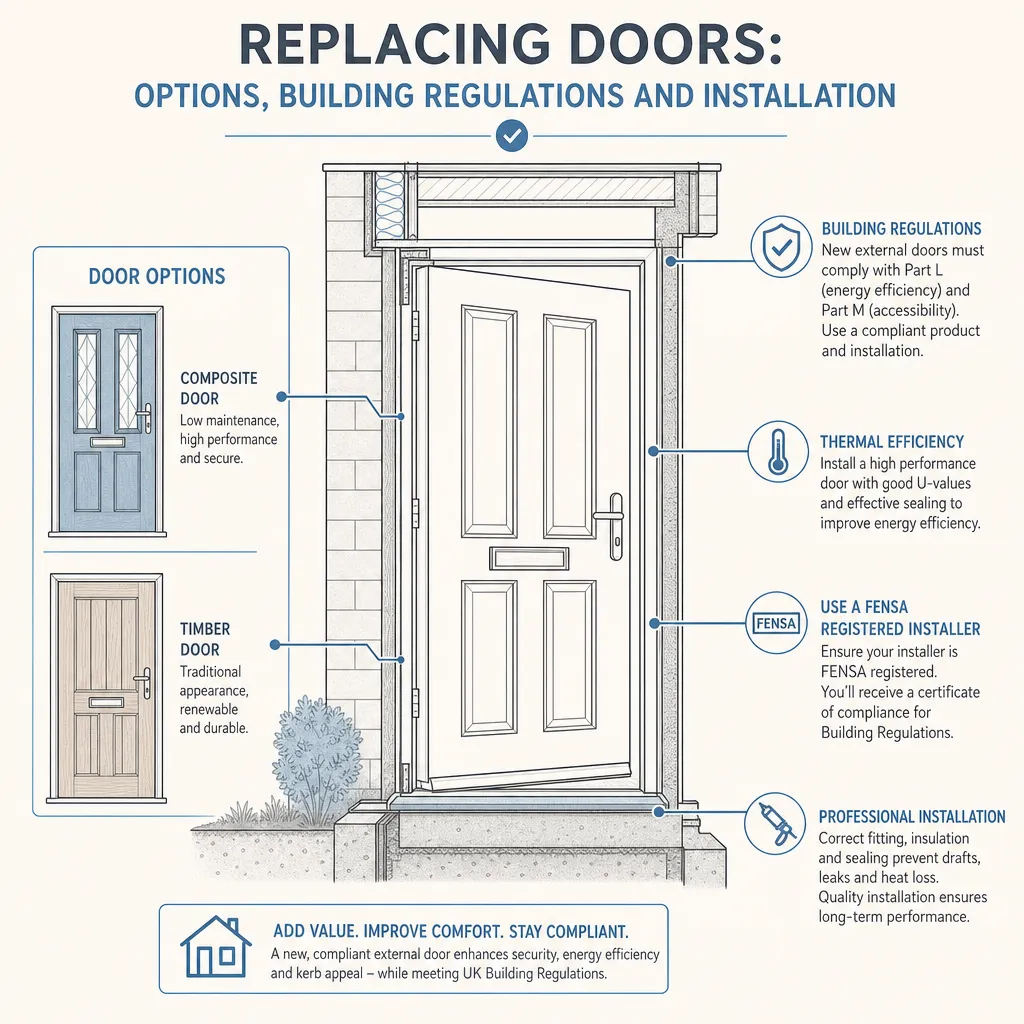 Diagram illustrating: Replacing Doors: Options, Building Regulations and Installation