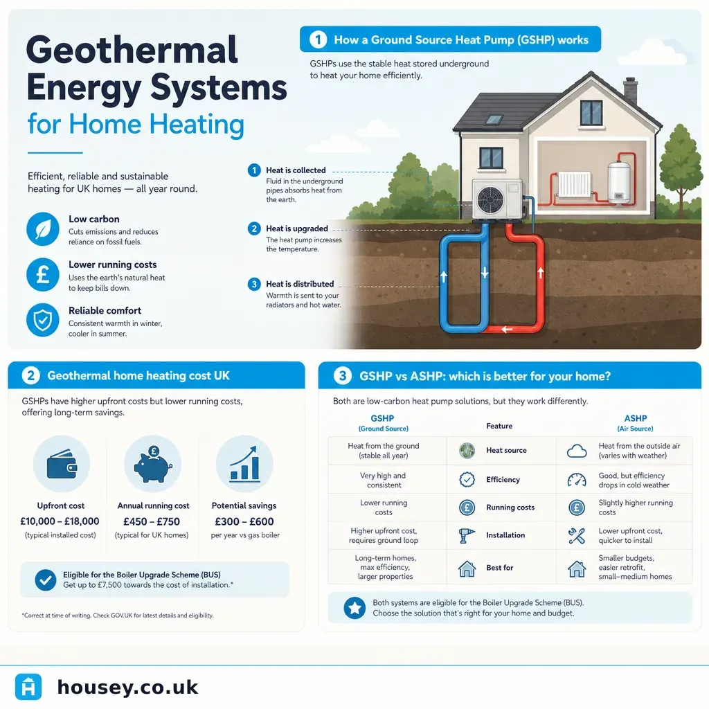 Infographic illustrating: Geothermal Energy Systems for Home Heating