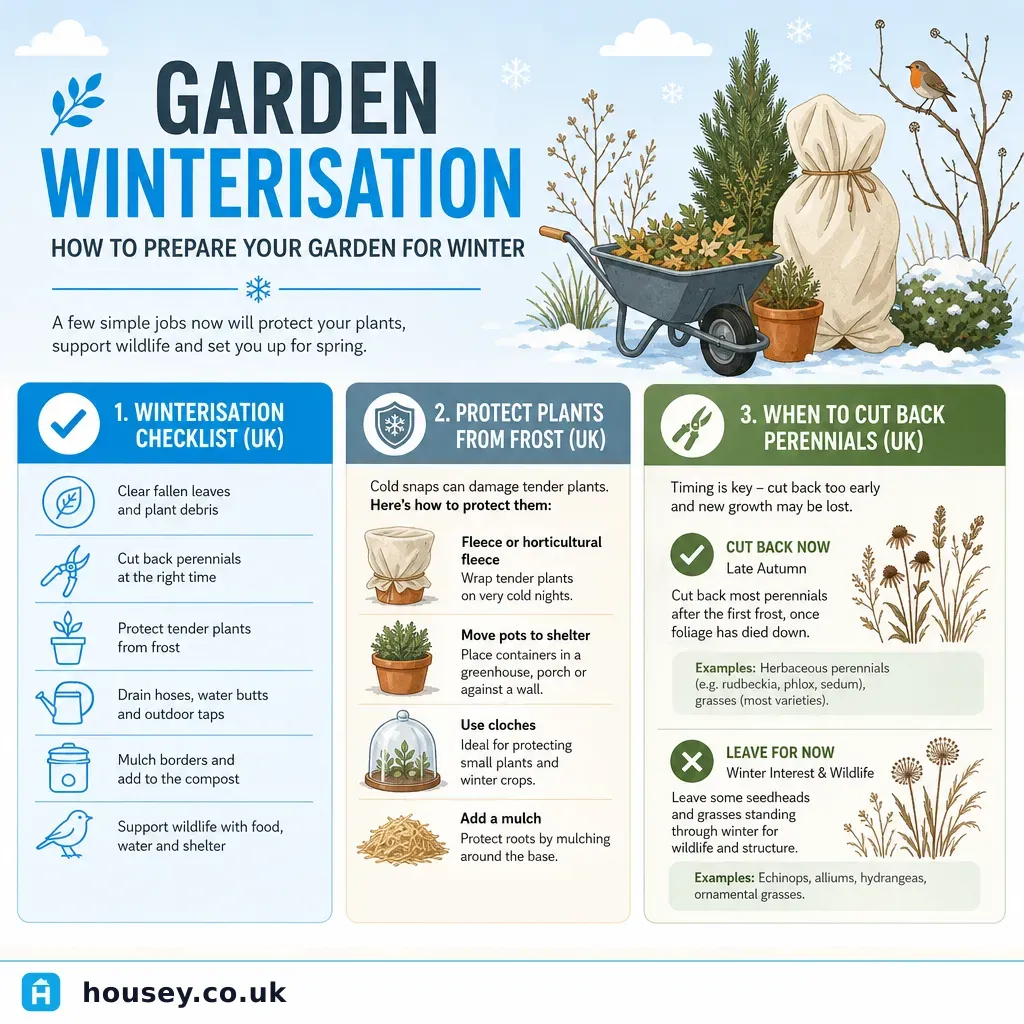 Infographic illustrating: Garden Winterisation: How to Prepare Your Garden for Winter