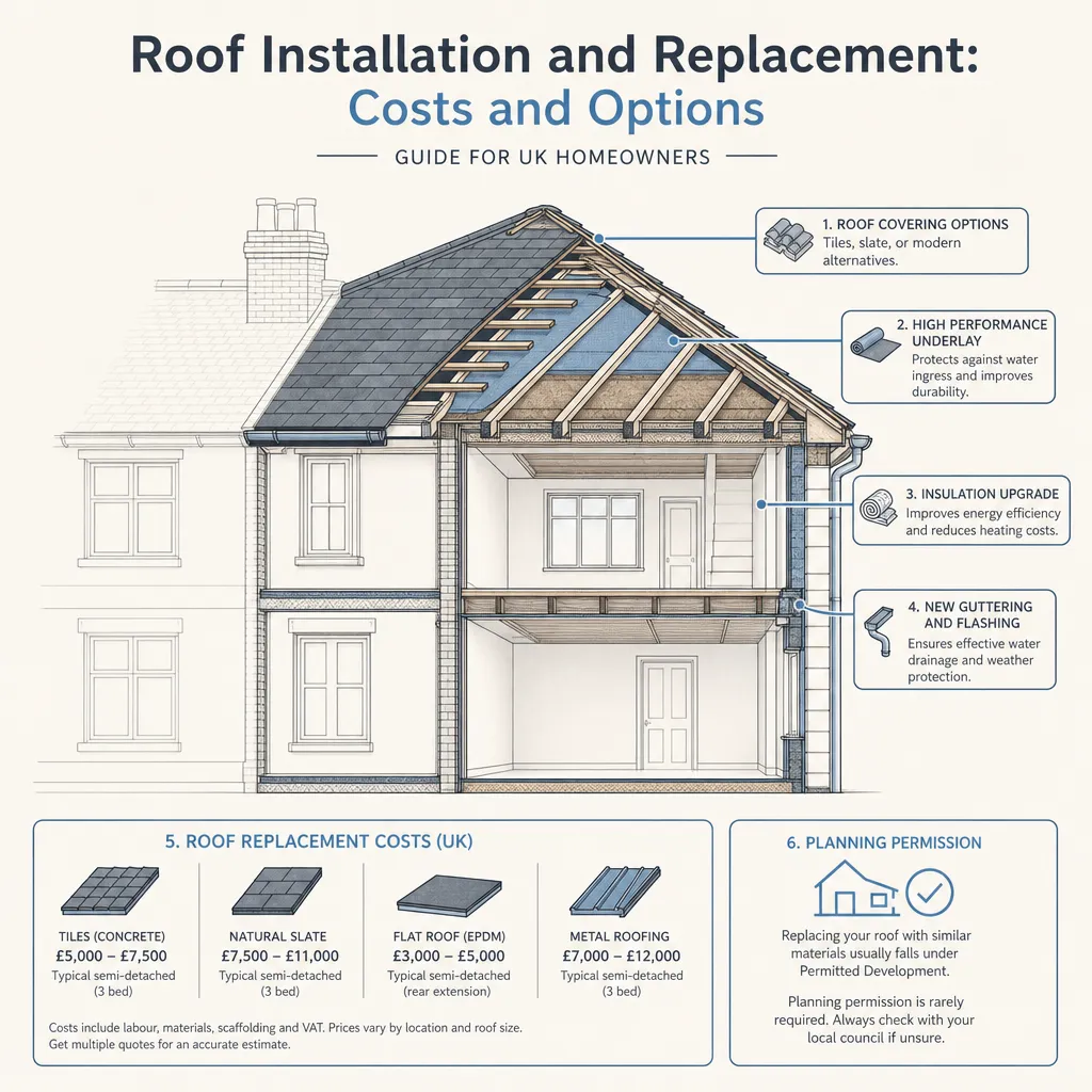 Diagram illustrating: Roof Installation and Replacement: Costs and Options