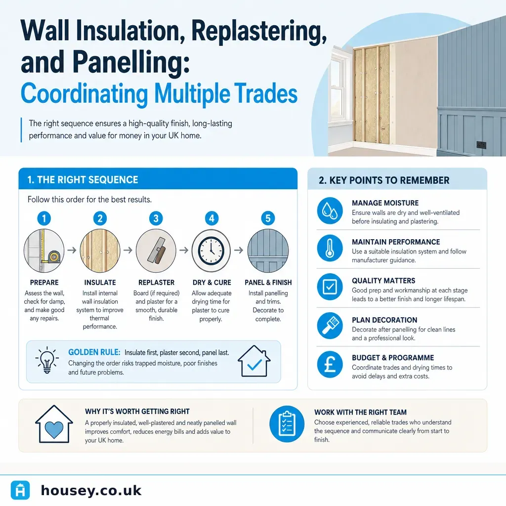 Infographic illustrating: Wall Insulation, Replastering, and Panelling: Coordinating Multiple Trades
