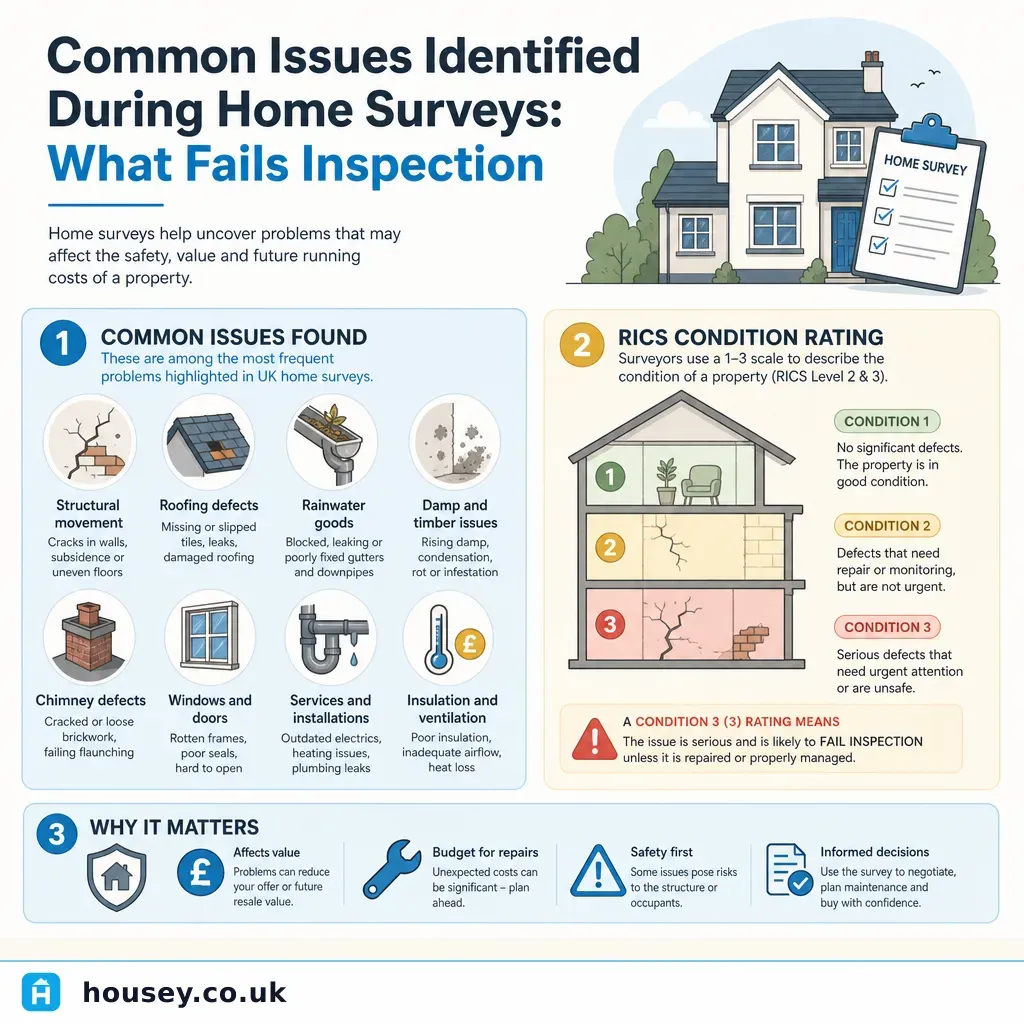 Infographic illustrating: Common Issues Identified During Home Surveys: What Fails Inspection