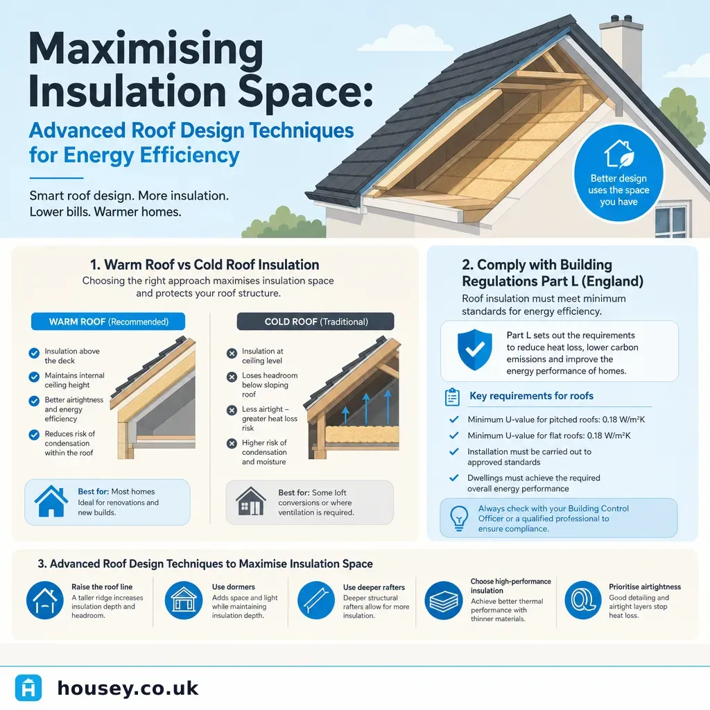 Infographic illustrating: Maximising Insulation Space: Advanced Roof Design Techniques for Energy Efficiency