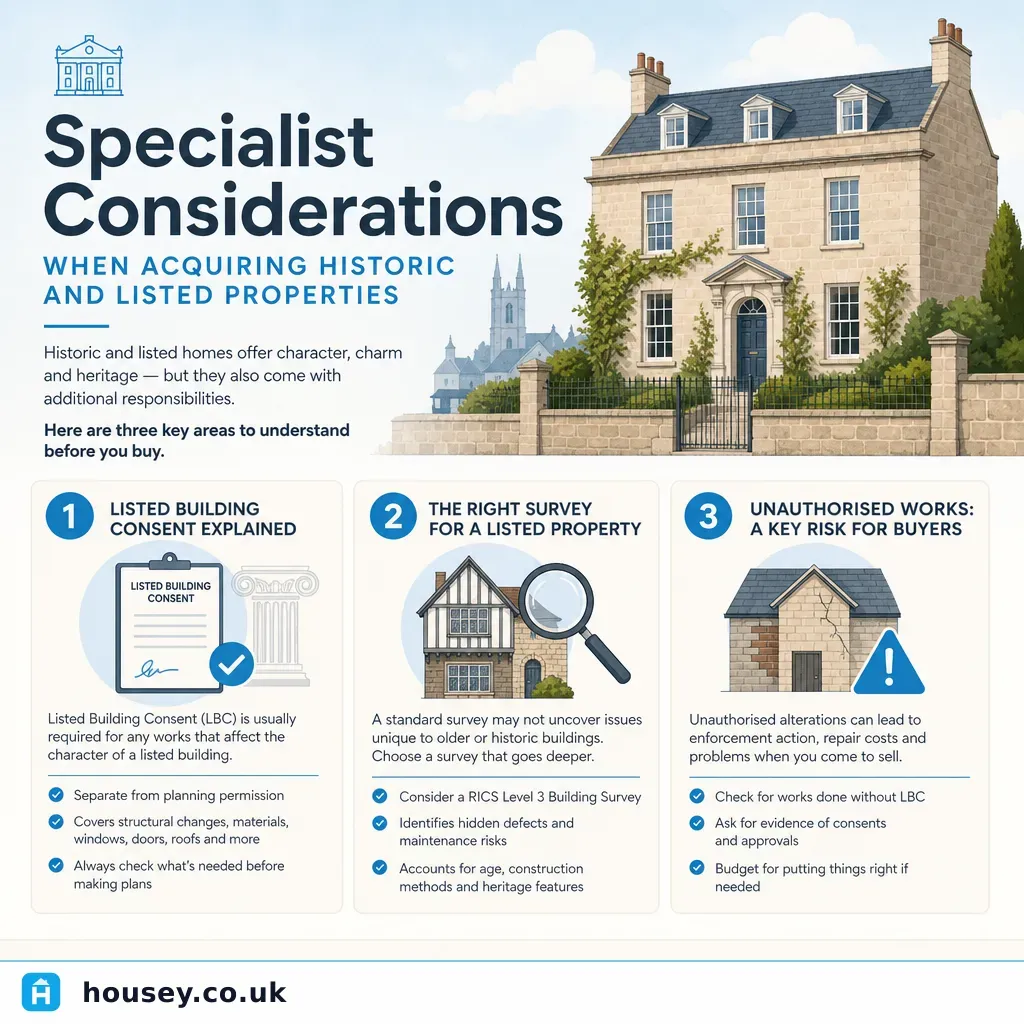 Infographic illustrating: Specialist Considerations When Acquiring Historic and Listed Properties