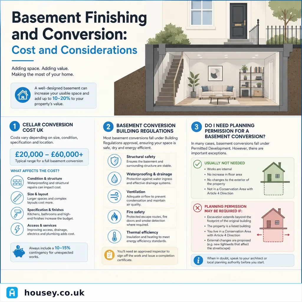 Infographic illustrating: Basement Finishing and Conversion: Cost and Considerations