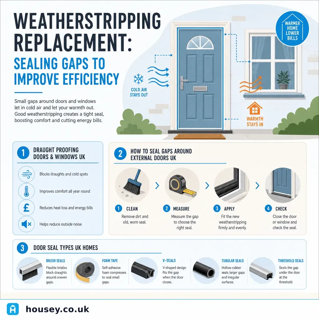 Infographic illustrating: Weatherstripping Replacement: Sealing Gaps to Improve Efficiency