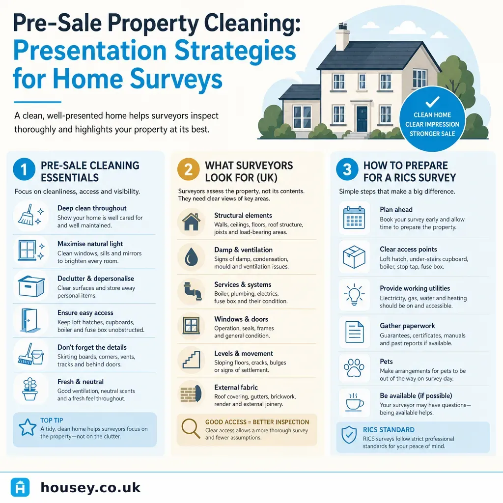 Infographic illustrating: Pre-Sale Property Cleaning: Presentation Strategies for Home Surveys