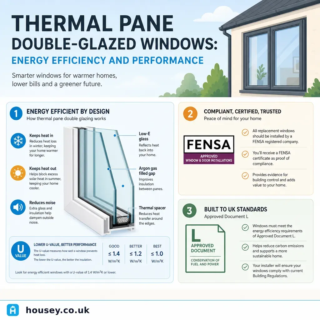Infographic illustrating: Thermal Pane Double-Glazed Windows: Energy Efficiency and Performance
