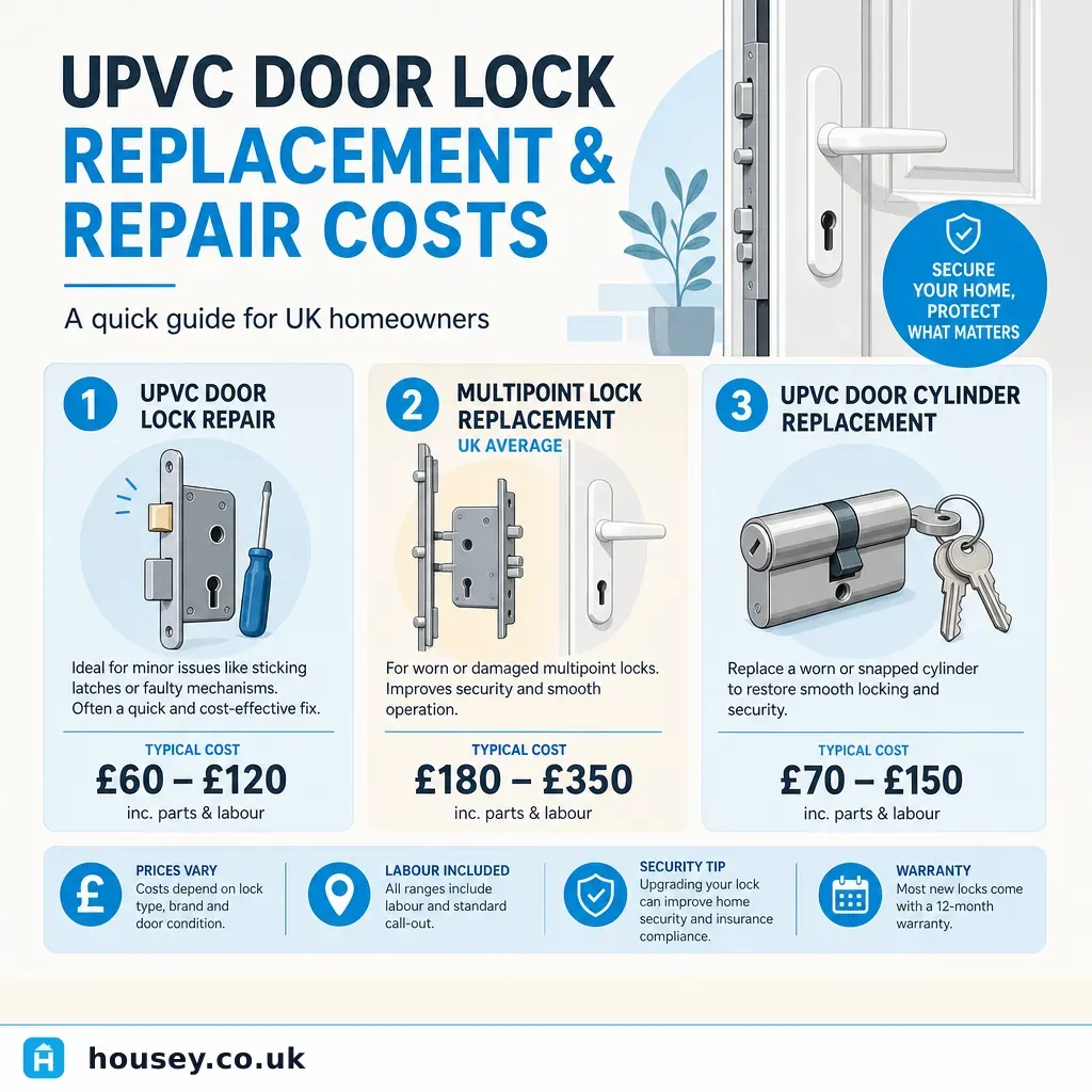 Infographic illustrating: UPVC Door Lock Replacement and Repair Costs