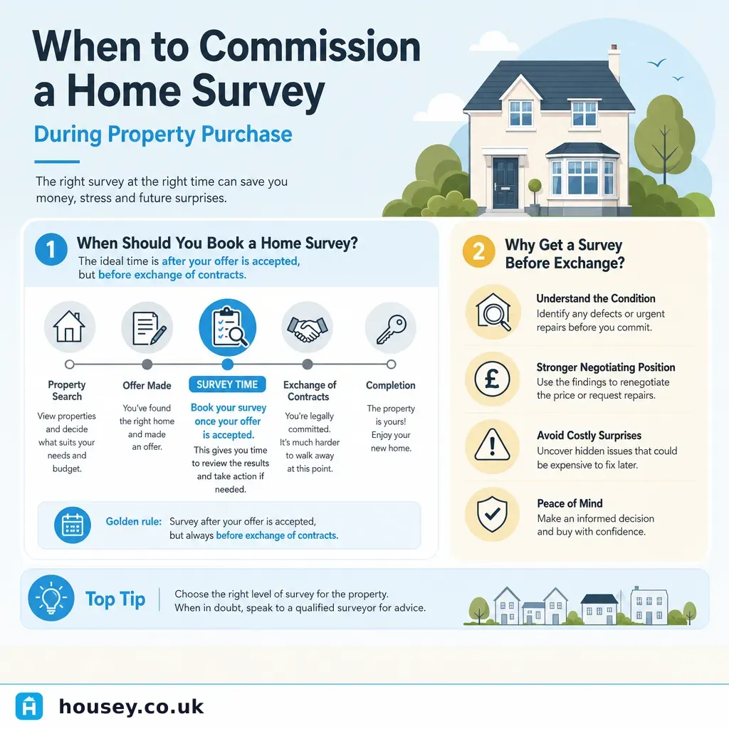 Infographic illustrating: When to Commission a Home Survey During Property Purchase