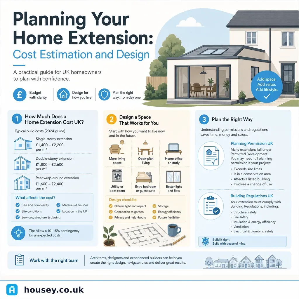 Infographic illustrating: Planning Your Home Extension: Cost Estimation and Design