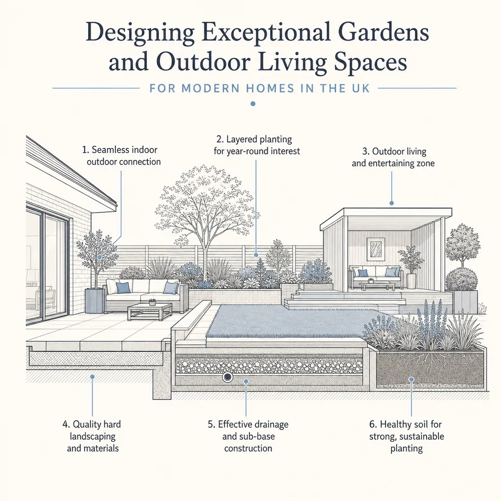 Diagram illustrating: Designing Exceptional Gardens and Outdoor Living Spaces for Modern Homes
