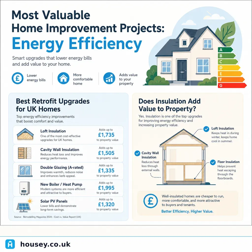 Infographic illustrating: Most Valuable Home Improvement Projects: Energy Efficiency