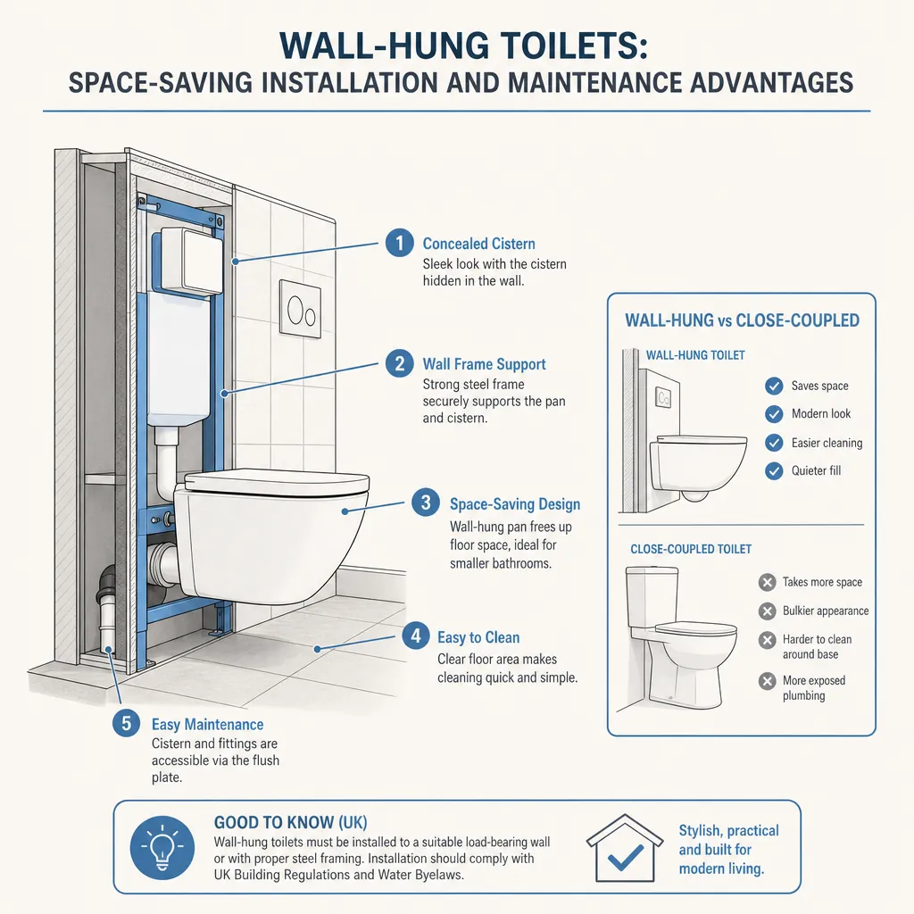 Diagram illustrating: Wall-Hung Toilets: Space-Saving Installation and Maintenance Advantages