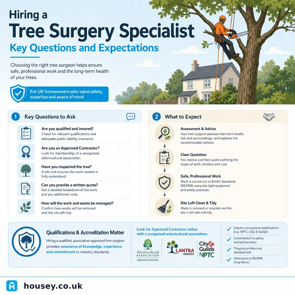 Infographic illustrating: Hiring a Tree Surgery Specialist: Key Questions and Expectations