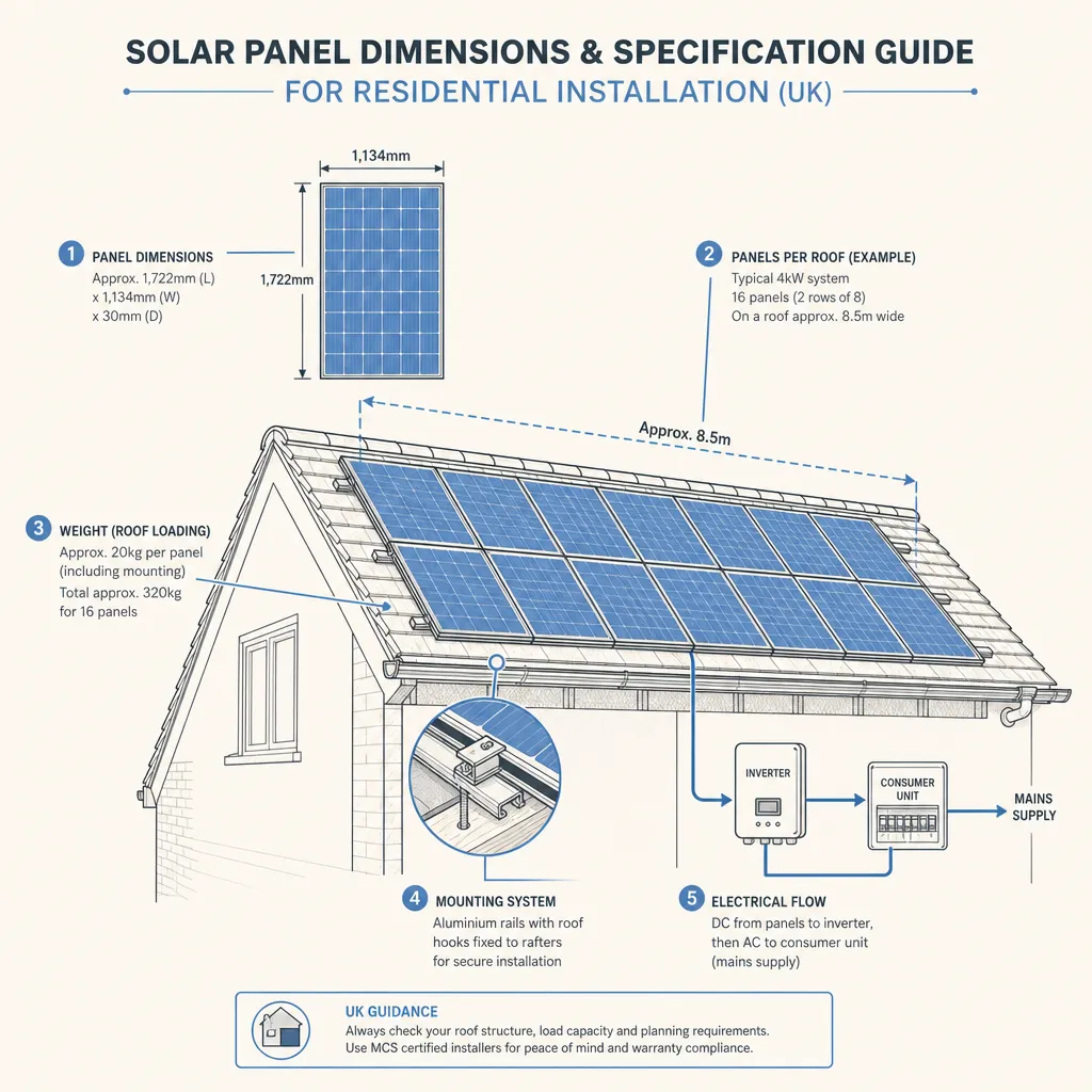 Diagram illustrating: Solar Panel Dimensions and Specification Guide for Residential Installation